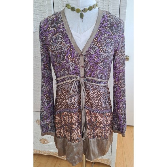 Magic Mystery Boho Bell Sleeve Tunic Top Multi Print Taupe/ Purple Sz S - Picture 1 of 9